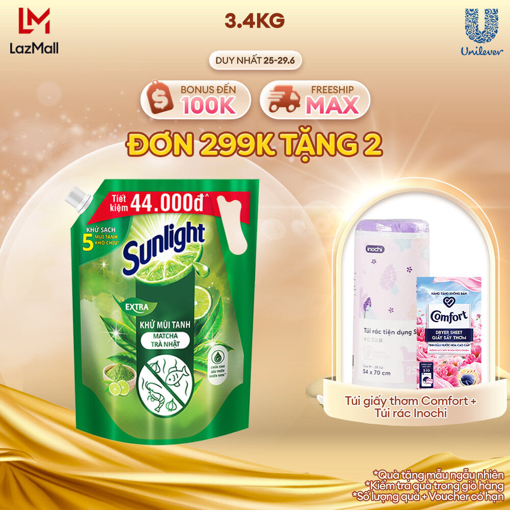 Nước rửa chén Sunlight Khử mùi tanh Matcha Trà Nhật 100% Gốc thực vật Túi 3.4kg