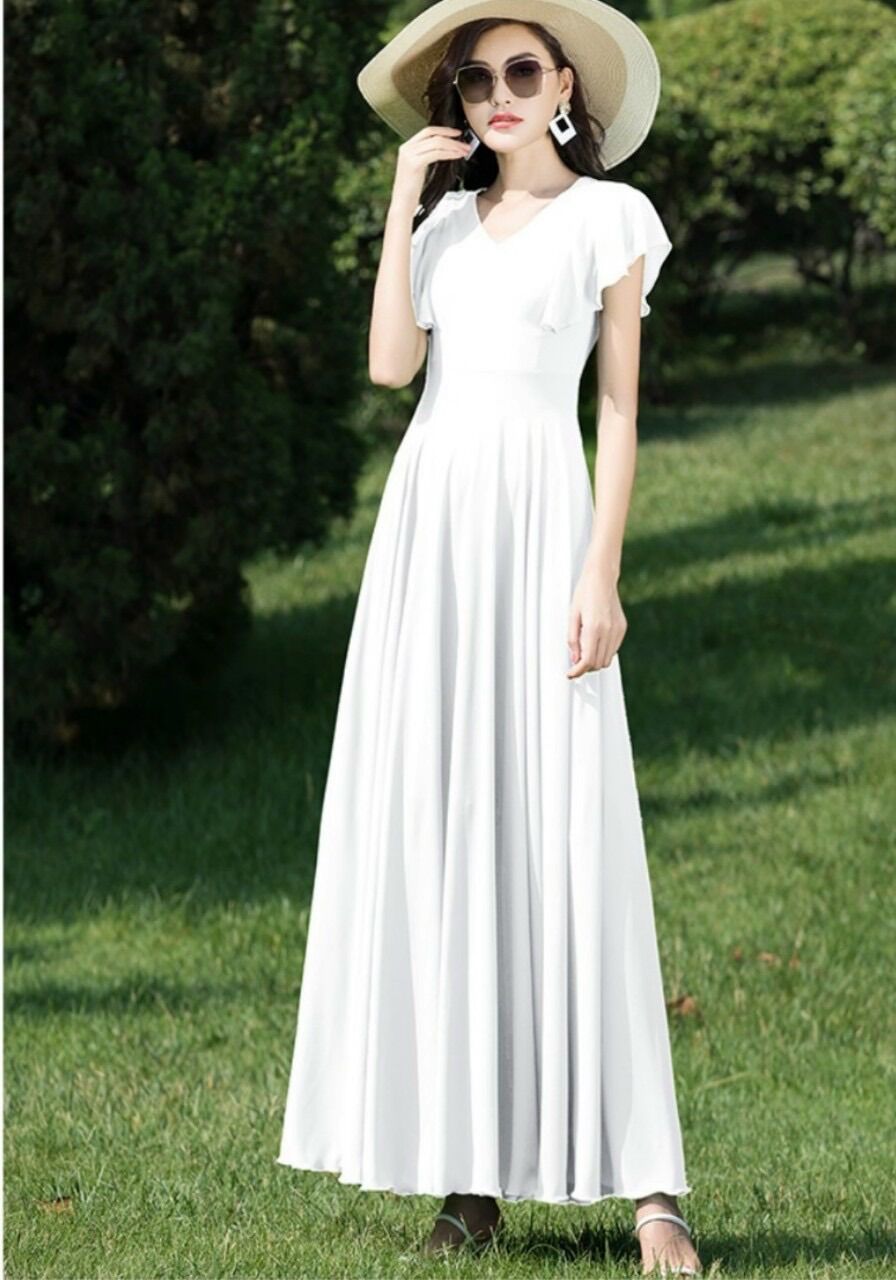Đầm xoè tay cánh tiên, đầm maxi chất chiffon size m l xl 2xl 3xl