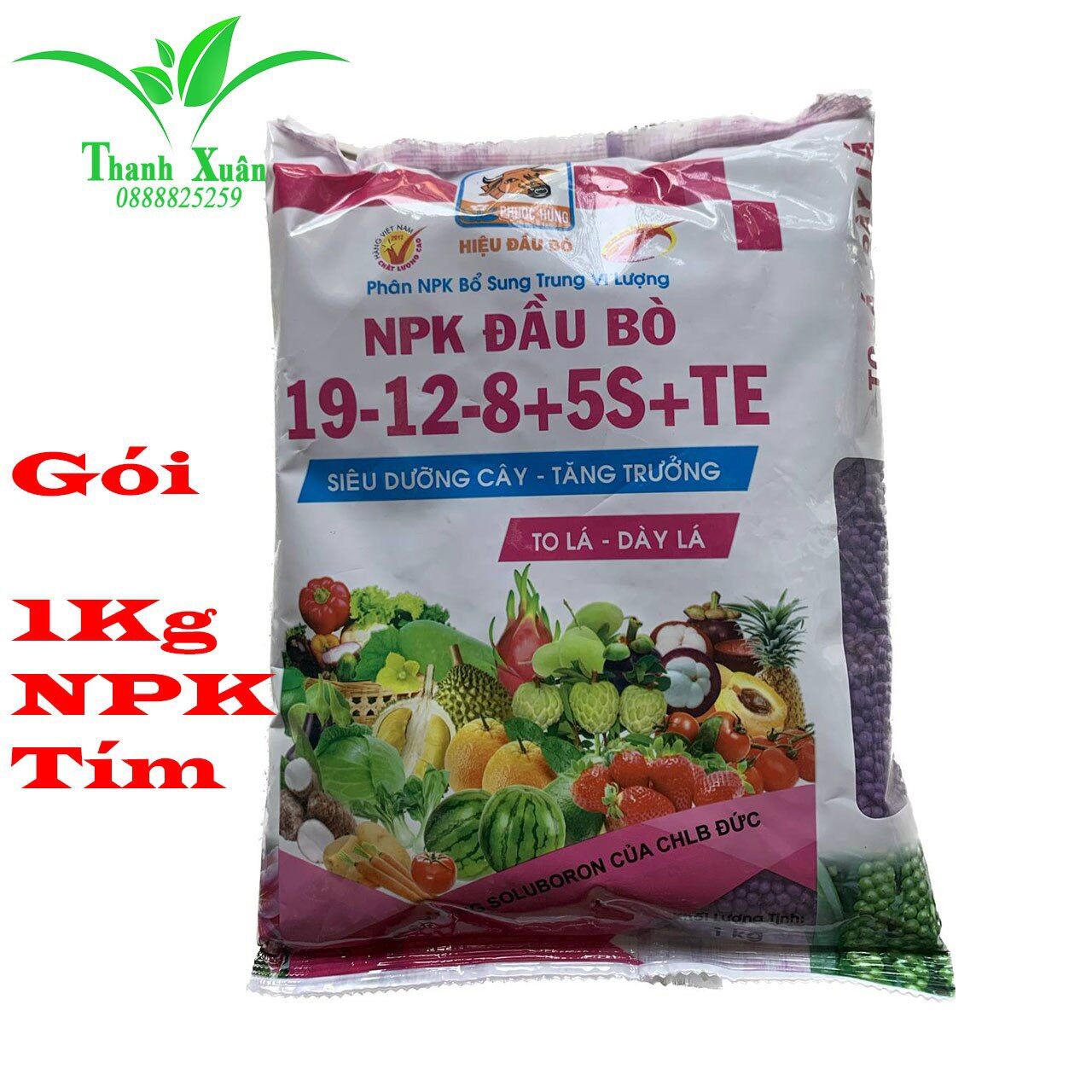 Phân npk tím đầu bò 19-12-8+5s+te gói 1kg