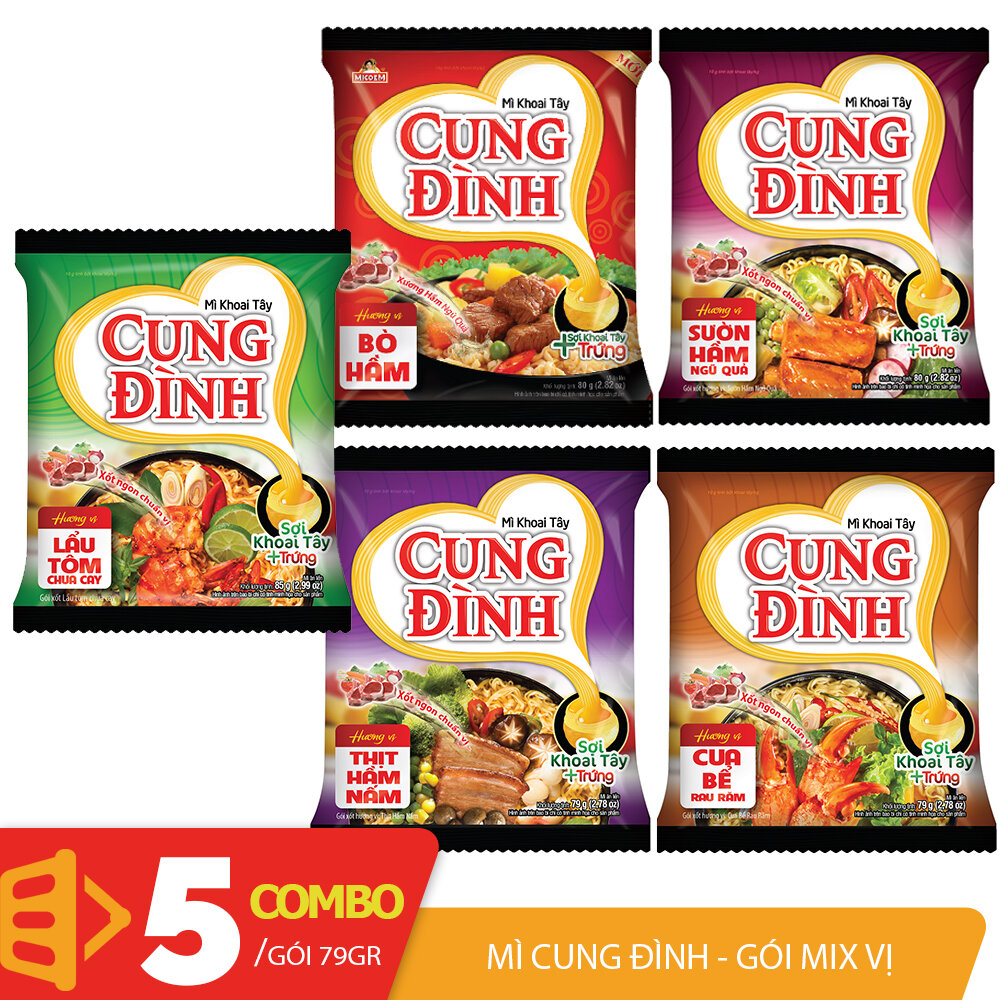 Combo 5 mì gói Cung Đình sợi mì khoai tây trứng vị tôm, bò, gà, thịt, sườn mix 5 vị gói 78gr