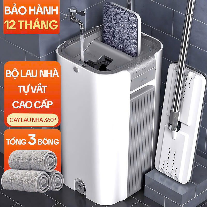 Cây Lau Nhà Tự Vắt KITIMOP C6 PLUS-PRO, Thùng Lau Nhà Tự Vắt Thông Minh, Chổi Lau Nhà Xoay 360 Độ, 3 Bông Lau
