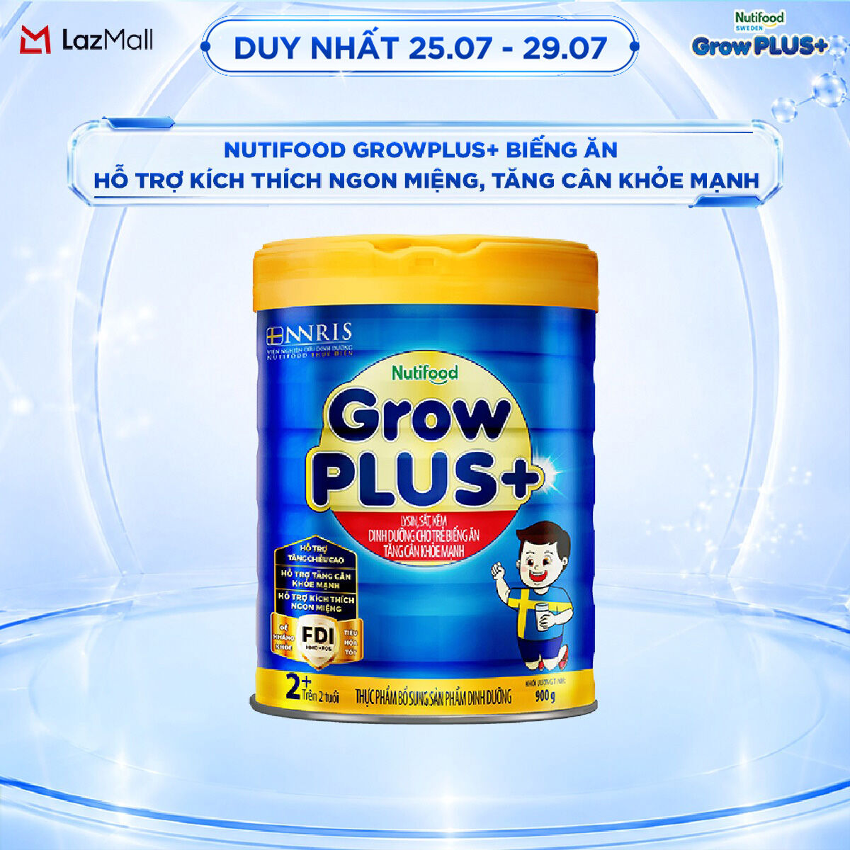 Sữa Bột Nutifood GrowPLUS+ Biếng Ăn (Xanh) 2+ - Hỗ trợ kích thích ngon miệng, tăng cân khỏe mạnh (Lon 900g)