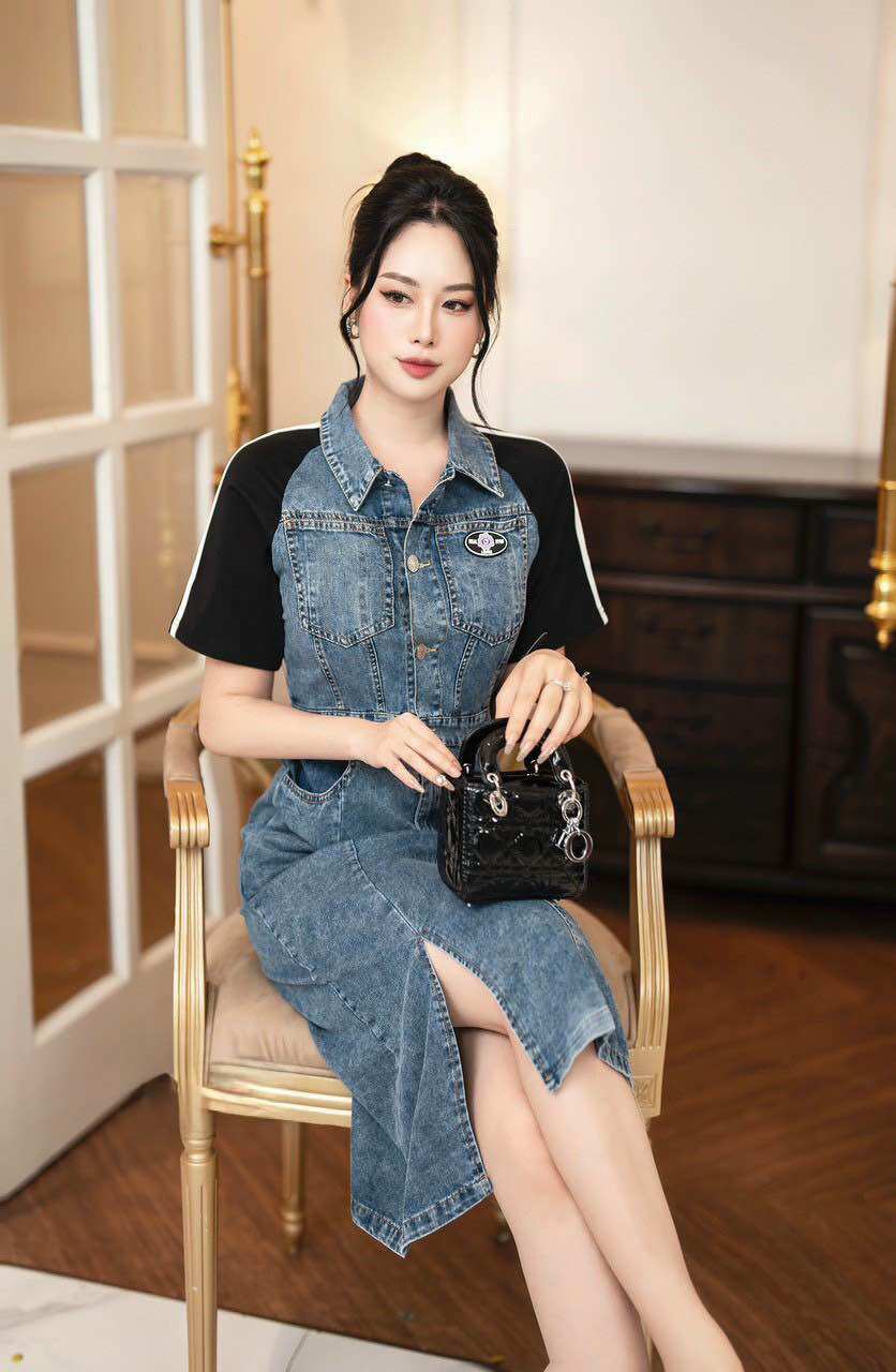 ( HÀNG QUẢNG CHÂU CAO CẤP ) VÁY ĐẦM SƠ MI JEAN - PHỐI THUN CÁCH ĐIỆU ( CC5050524)