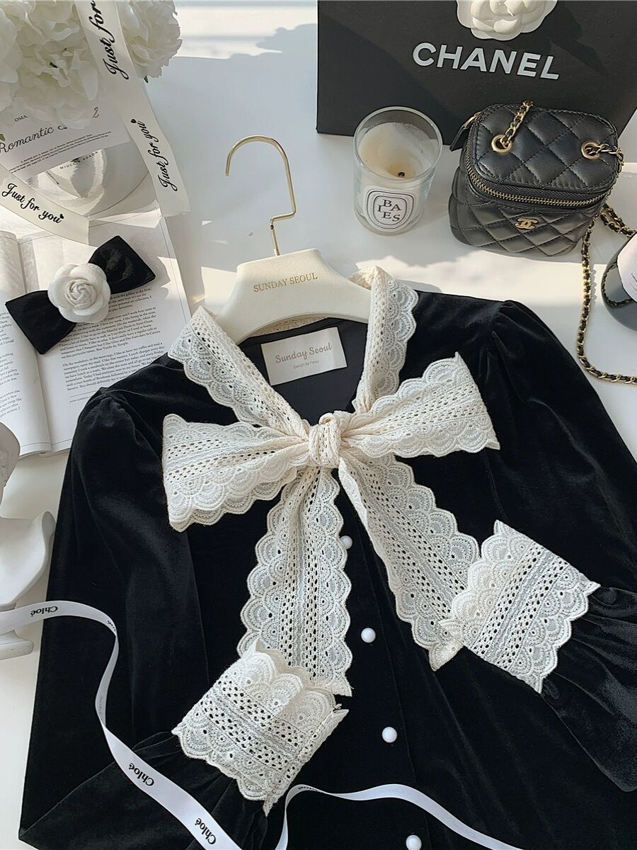 Áo Sơ Mi Nhung Cổ Điển Phong Cách Pháp Audrey Princess Có Nơ Thắt Lưng Ren Sunday Seoul Áo Sơ Mi Nữ 