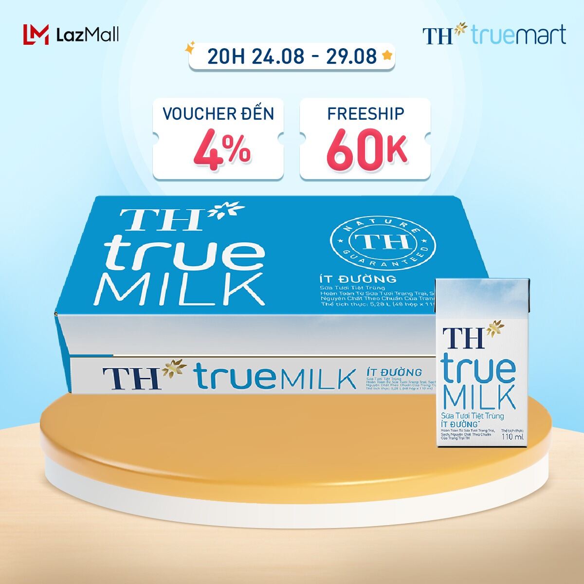 Thùng 48 hộp sữa tươi tiệt trùng th true milk ít đường 110 ml