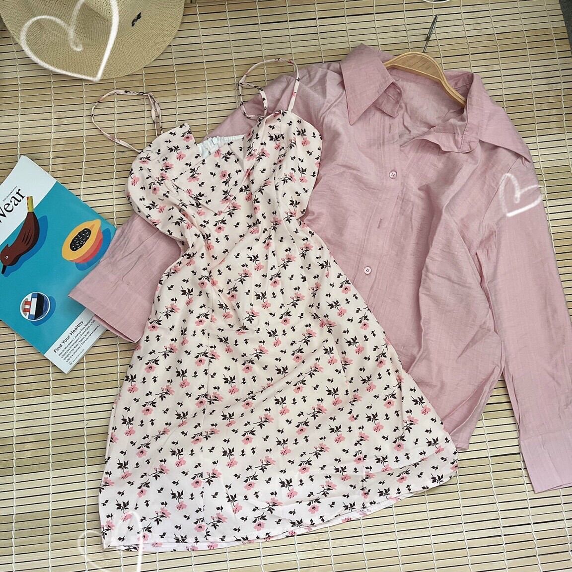 Set đầm 2 dây hoa kèm áo khoác sơ mi