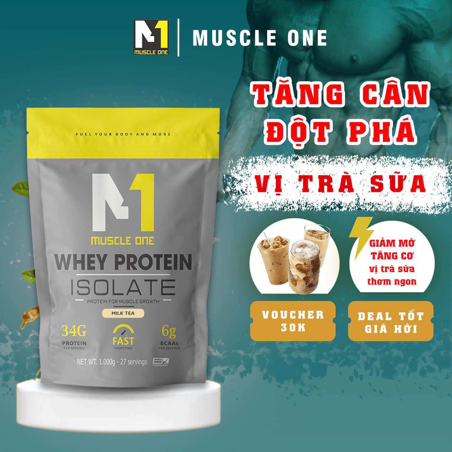  Freeship + Bình Lắc Whey Protein isolate MUSCLE ONE Sữa tăng cơ giảm mỡ loại 1kg 