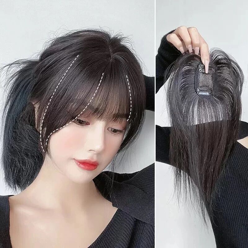Tóc mái thưa tóc thật 3D phủ đỉnh ,che hói,che bạc có da đầu cho nữ Tóc giả