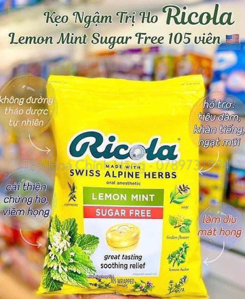 Kẹo thảo mộc giảm ho, khàn Ricola 105v