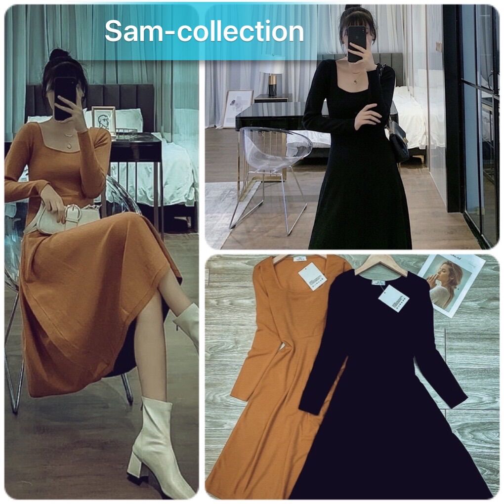 Váy dáng xoè cổ vuông dài tay❤️Đầm dáng xoè cổ u nhẹ nhàng❤️[free ship]