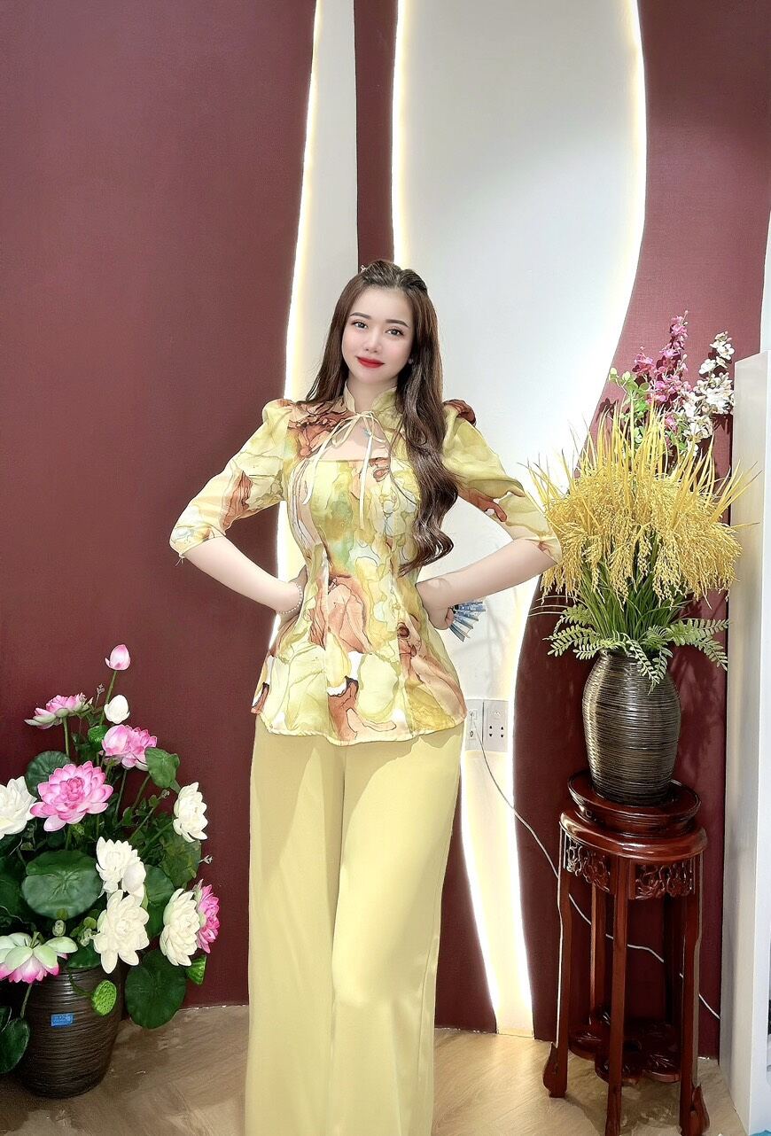 Set bà ba màu loang cổ thắt nơ xinh lụa mango hồng ngọc