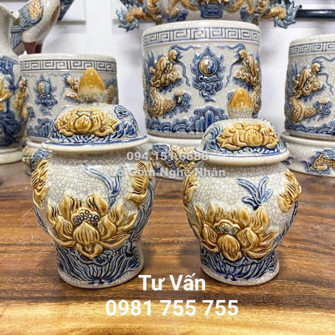 Chóe thờ cúng hoa sen,hũ thờ men rạn gốm bát tràng