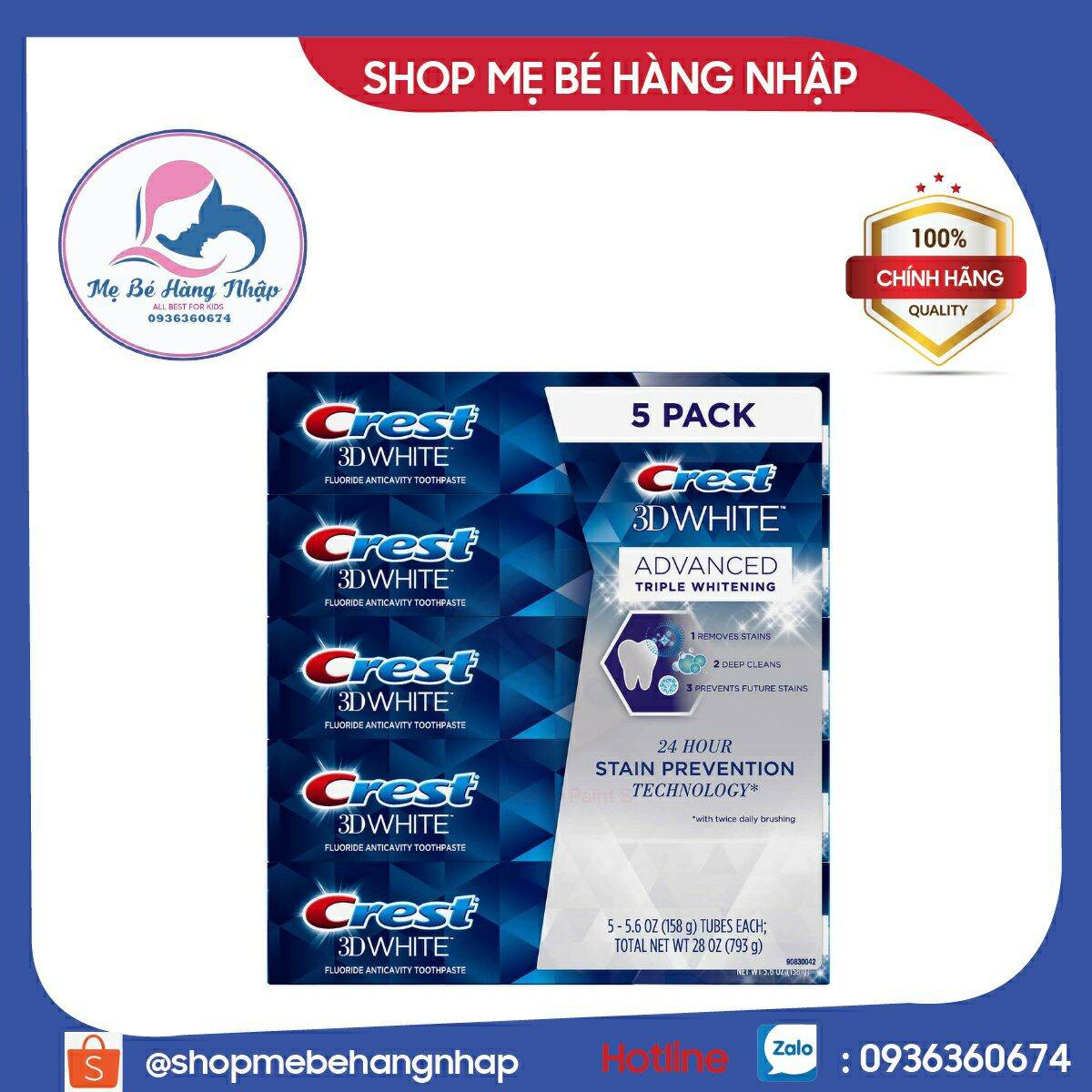 Kem đánh răng crest 3d white advanced của mỹ 147gr