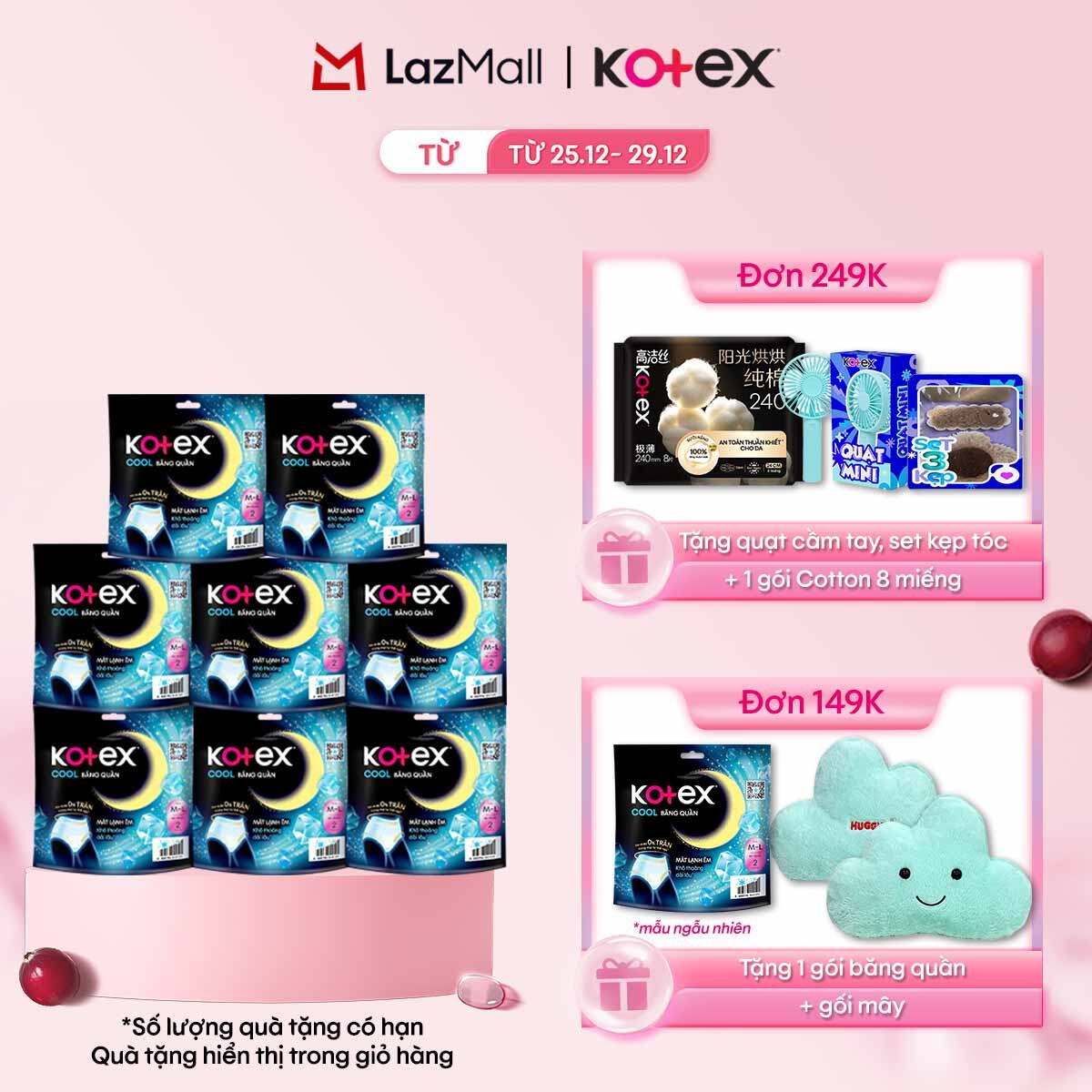   CHỈ 20h 31.12-03.01 QT Đơn 69K 149K 249K  Combo 8 gói Băng vệ sinh Kotex Băng Quần Cool cỡ M L 2 Miếng 