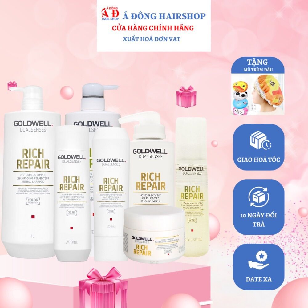 [+Tặng mũ trùm]Bộ dầu gội xả hấp ủ dưỡng Goldwell rich repair siêu phục hồi tóc hư tổn Đức