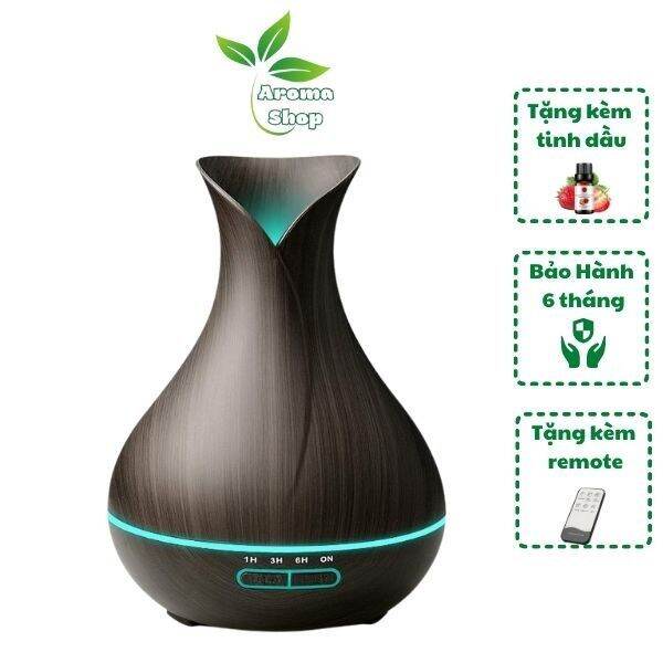 Máy xông tinh dầu mkt 1803, bình hoa tulip vân gỗ, dung tích 550ml, có điều khiển, đèn led 7 màu