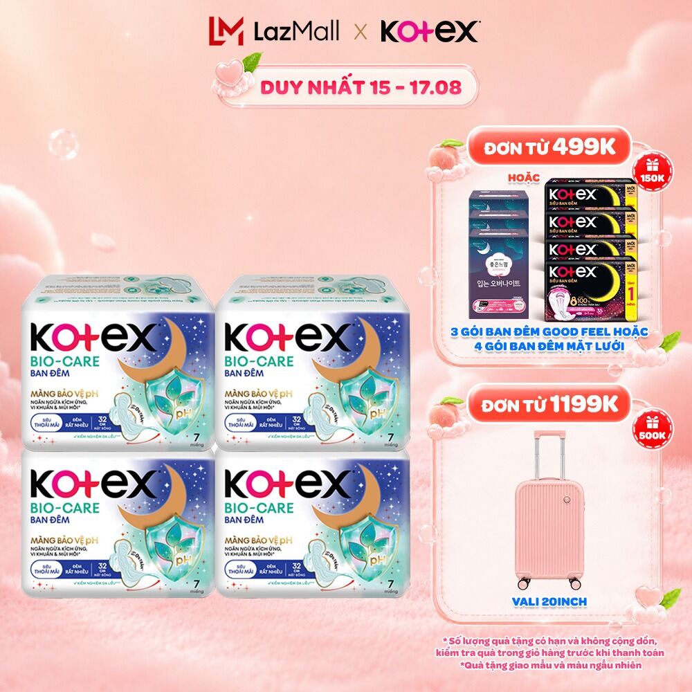 Combo 4/Combo 8 gói Băng vệ sinh Kotex Biocare Ban Đêm SMC 32CM - 7 miếng/gói