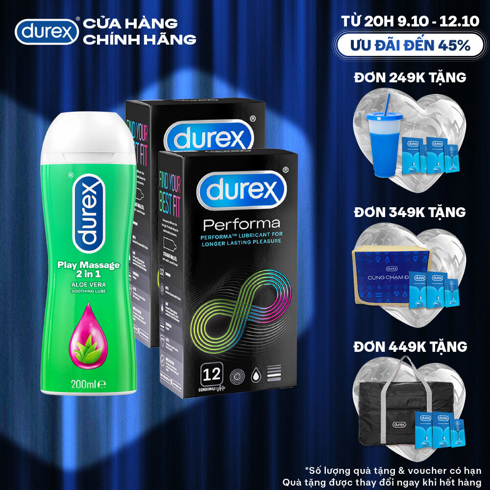 [TỪ 20H | 9-12.10 VOUCHER GIẢM THÊM 8%] Bộ 2 hộp bao cao su Durex Performa kéo dài thời gian (size 52mm, 12 bao/hộp) và 1 chai gel bôi trơn Durex Massage 2n1 200ml