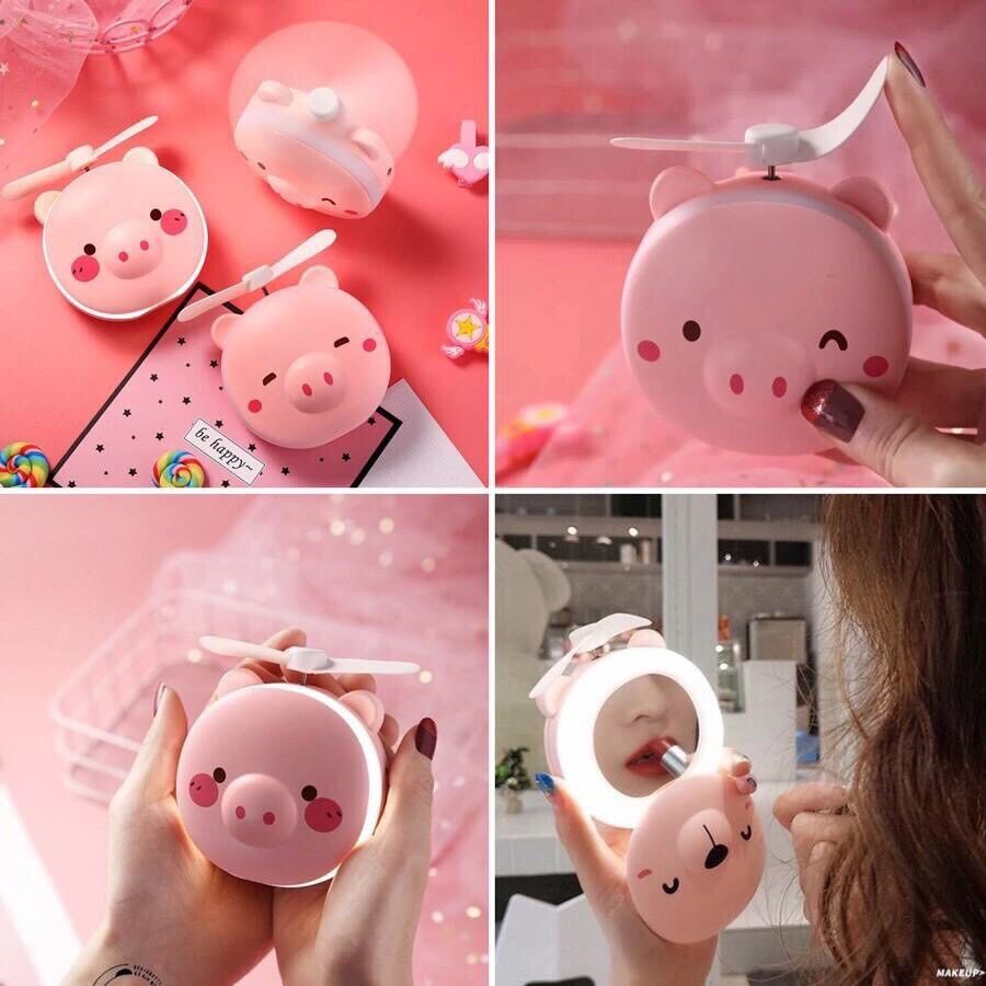 Quạt Mini Cầm Tay Hình Con heo kèm gương trang điểm Dễ Thương