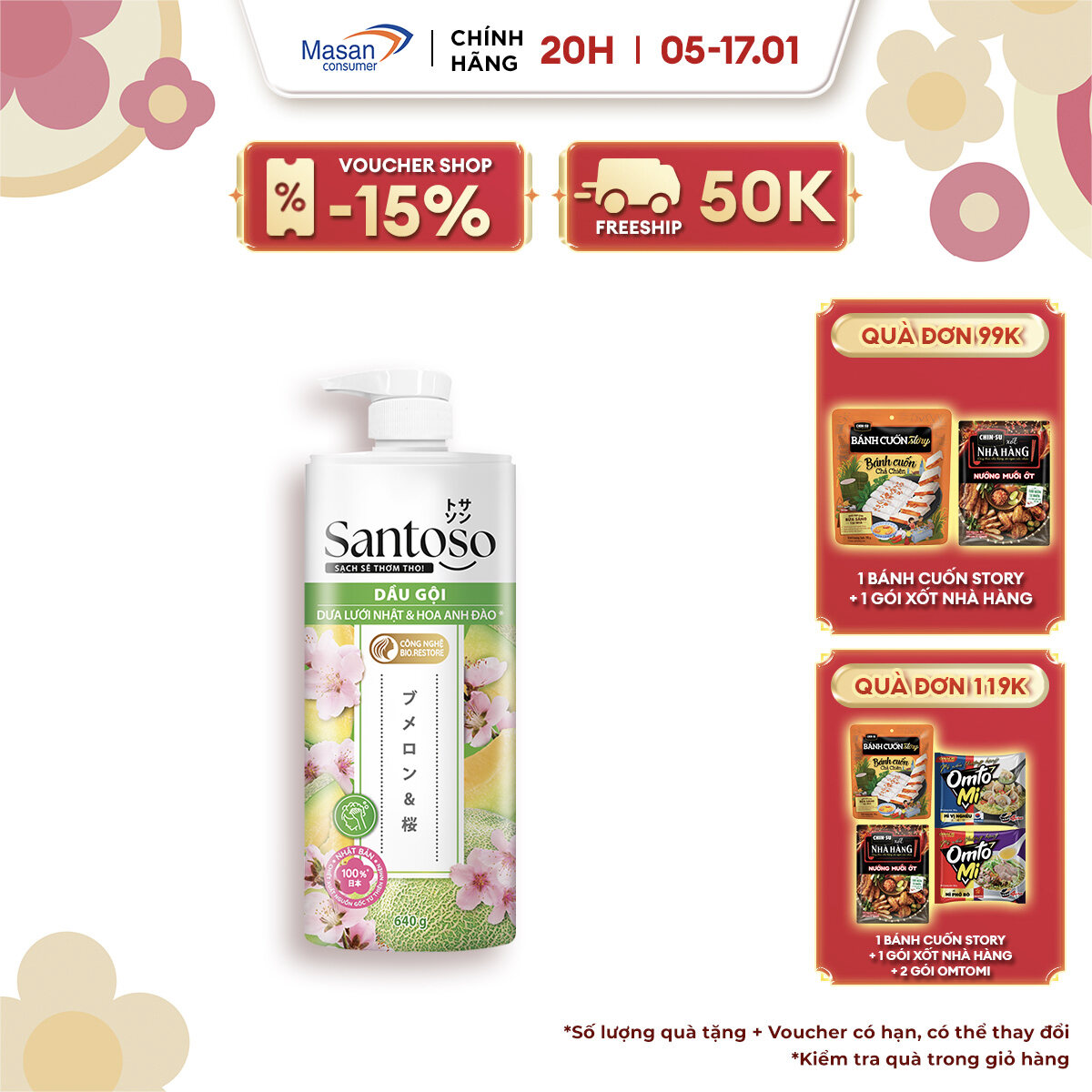 [VOUCHER 18% ĐƠN 199K]  Dầu gội Santoso dưa lưới & hoa anh đào hương tươi mới chai x 640gr