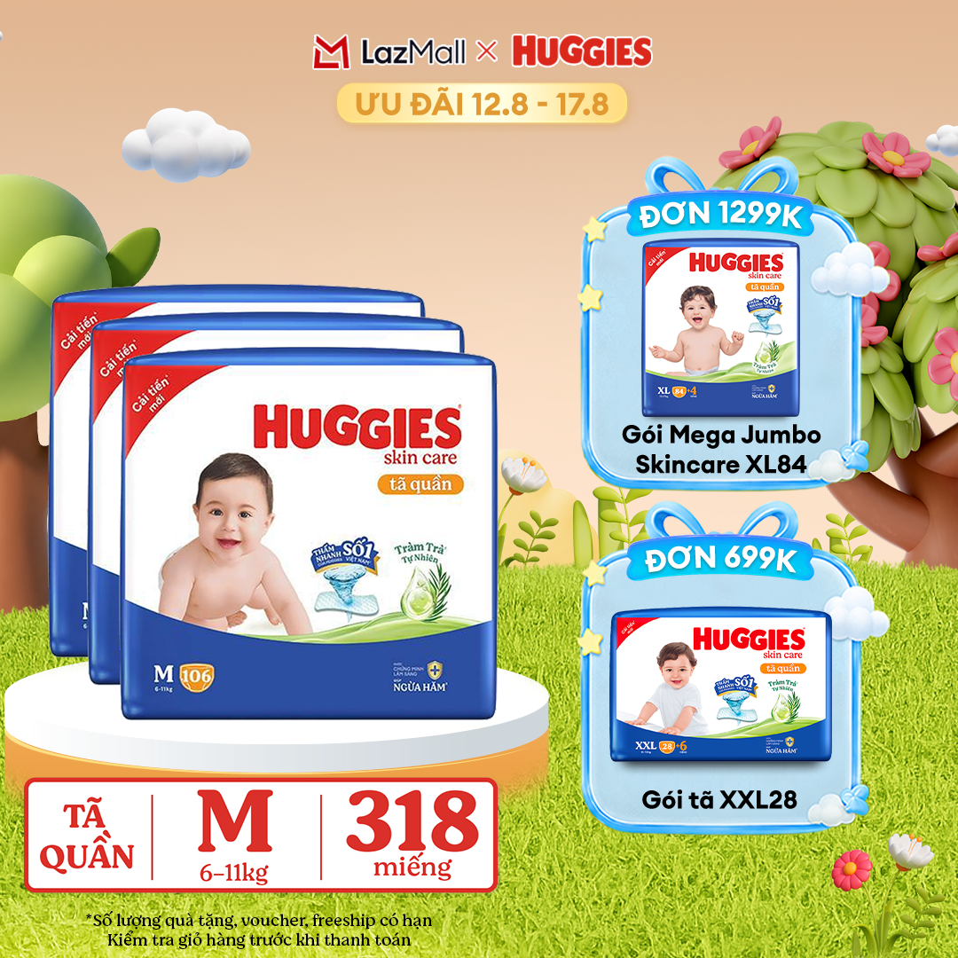 [12-17.08 GIẢM THÊM 90K]  Combo 3 Gói Tã/bỉm quần HUGGIES SKINCARE MEGA JUMBO size M106 miếng/ M102+4 miếng