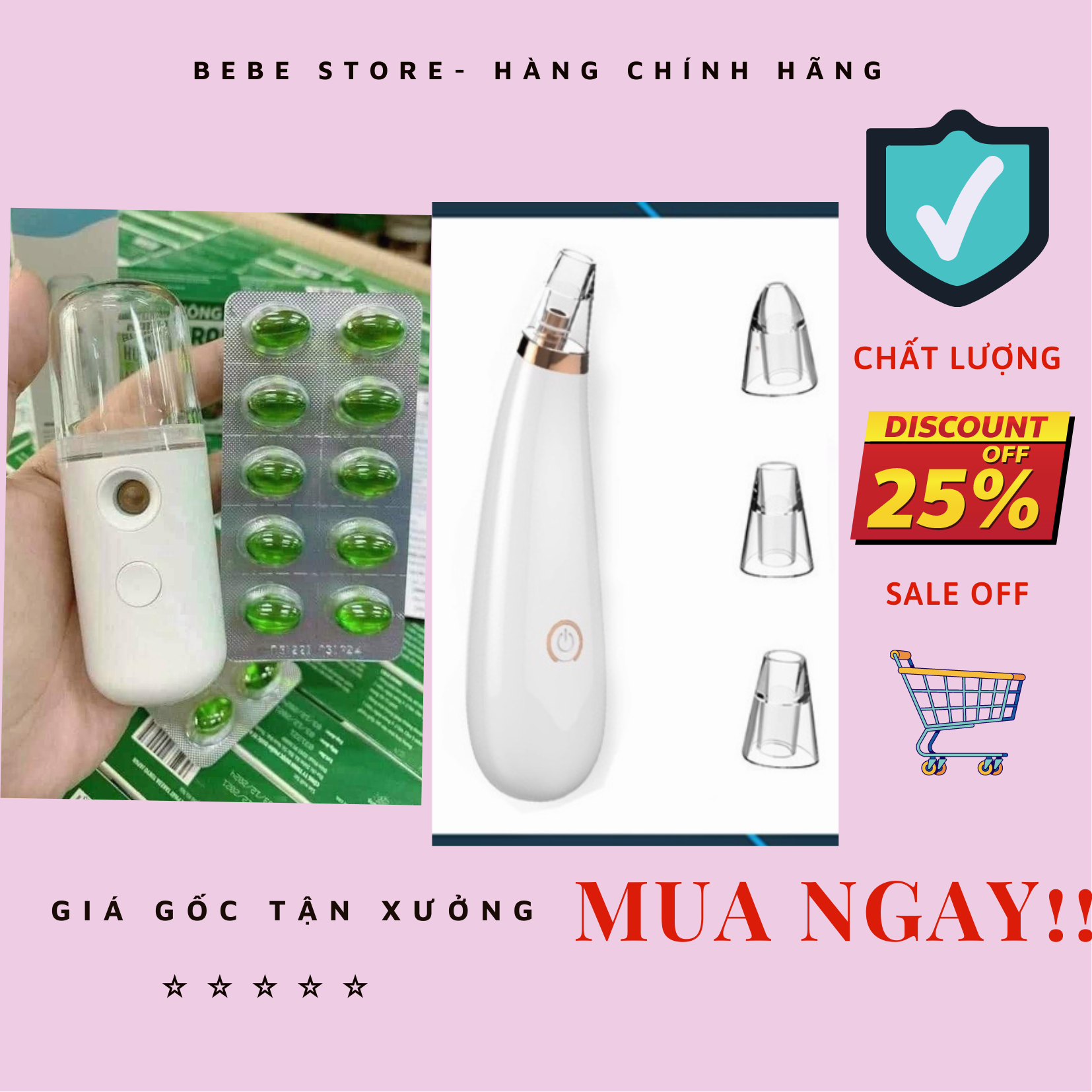 Combo máy xông mặt mini + máy hút mụn mini cầm tay