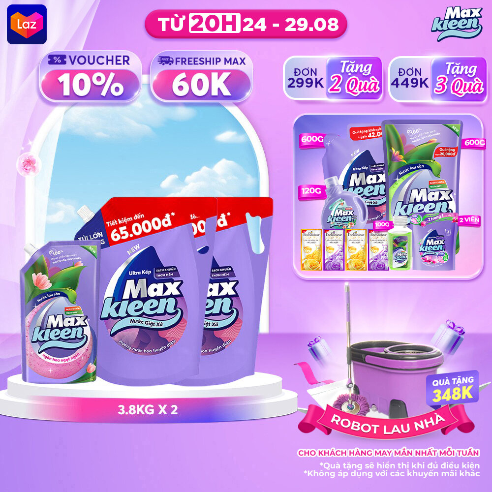 Combo 2 túi nước giặt xả maxkleen hương huyền diệu + nước lau sàn 1kg