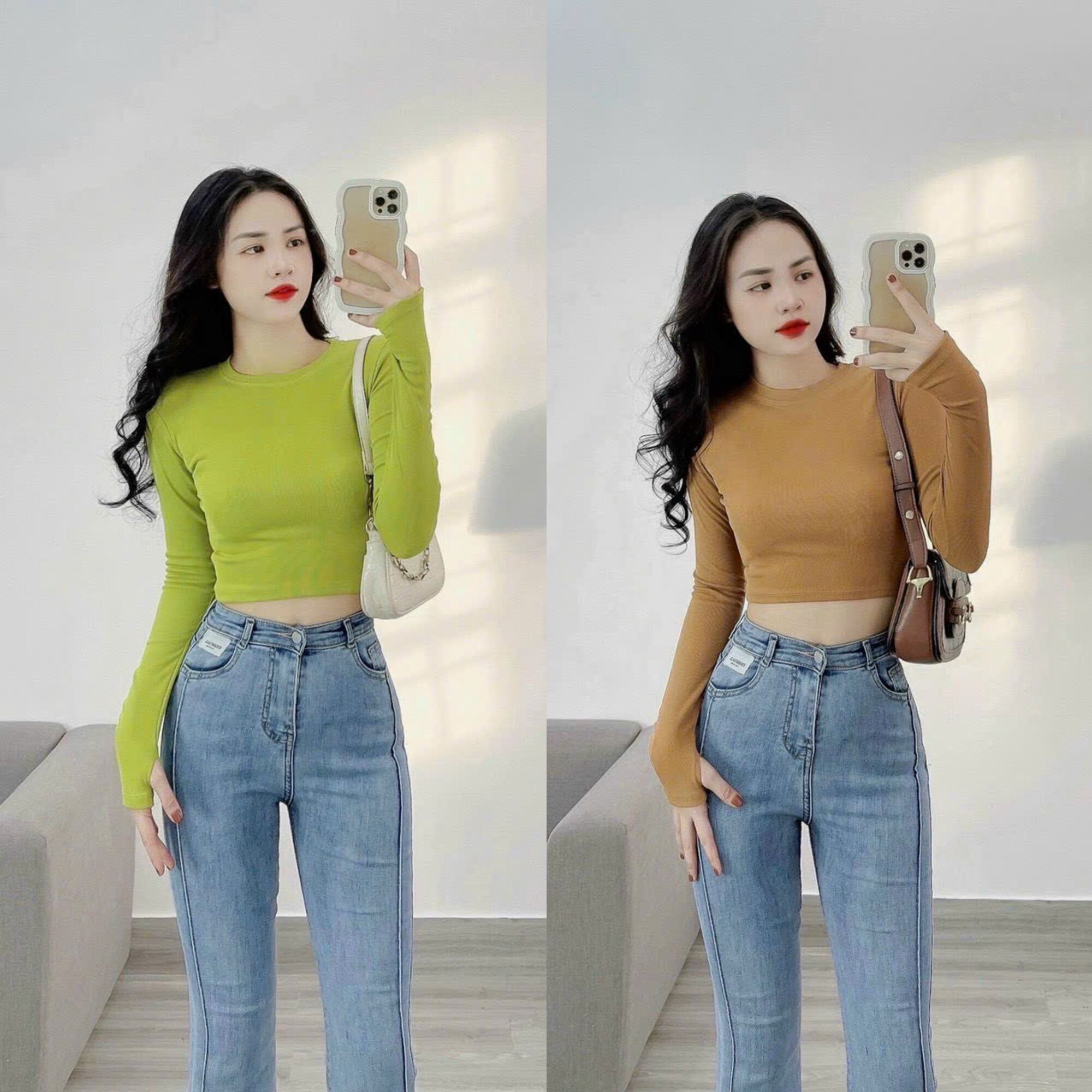 Áo thun dáng ôm nữ Croptop cổ tròn tay dài xỏ ngón ( tăm TD C.H )