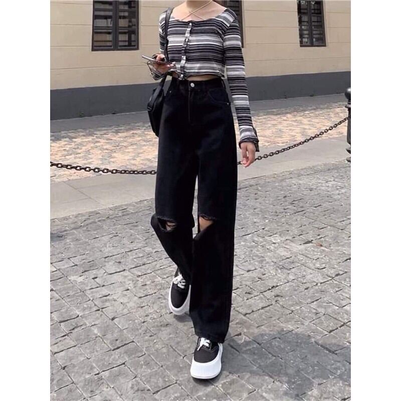 Quần Jean ống rộng phối rách gối phong cách thời trang cho nữ