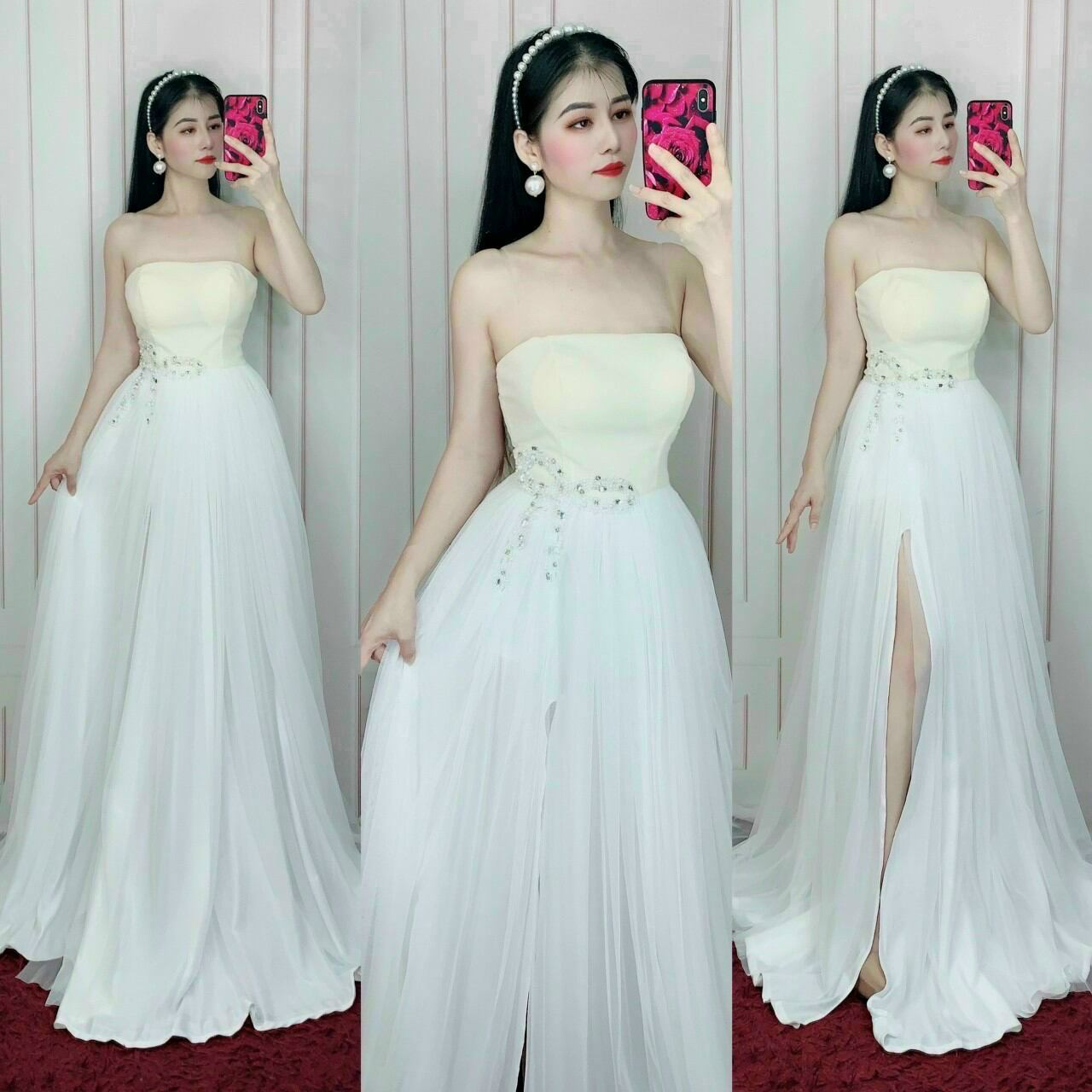 ĐẦM NHUNG CÚP NGỰC XẺ ĐÙI KẾT NƠ ĐÁ (hình thật)