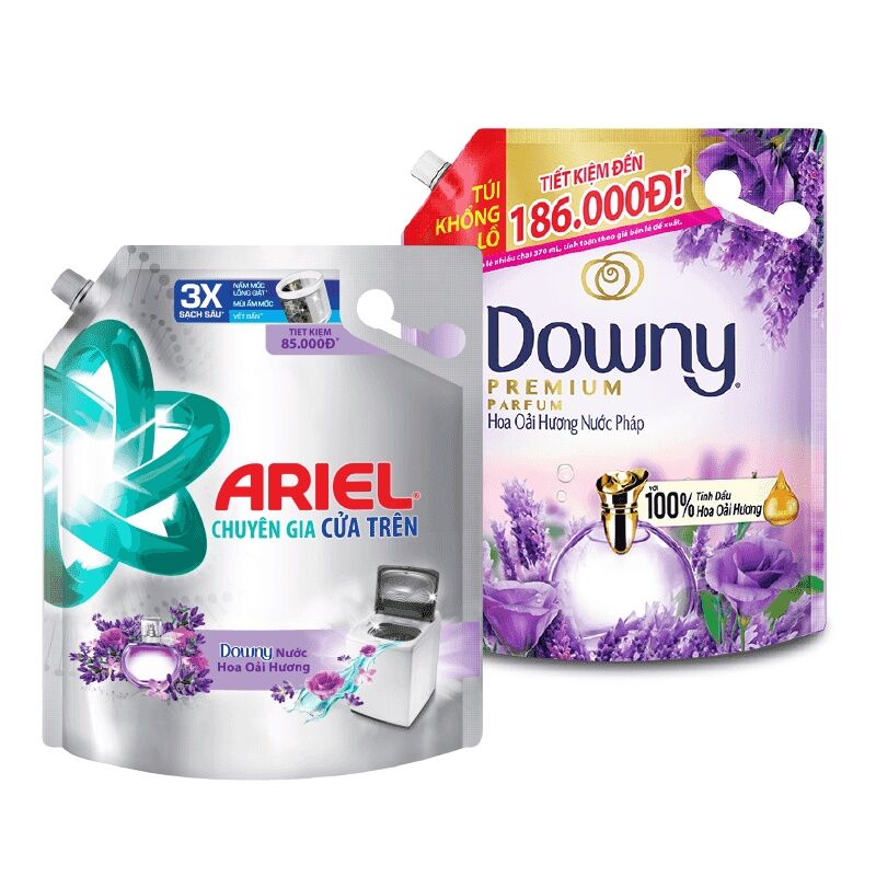 Combo Giặt Xả - Túi Nước Giặt ARIEL Oải Hương 3KG Và Túi Nước Xả DOWNY Oải