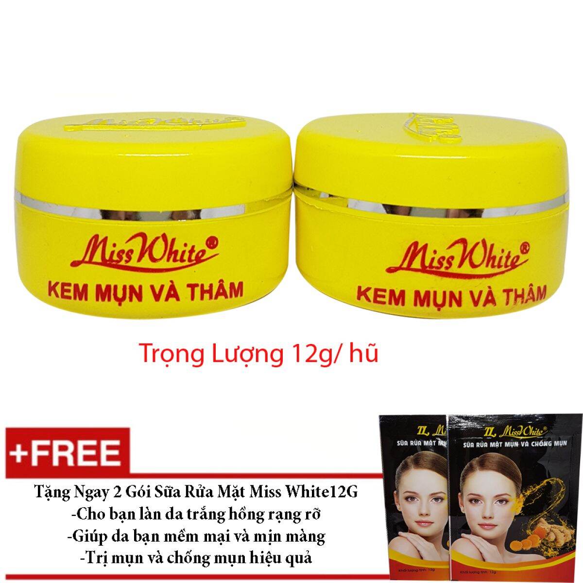 Combo 2 kem nghệ sạch mụn Miss White 12g tặng gói sữa rửa mặt
