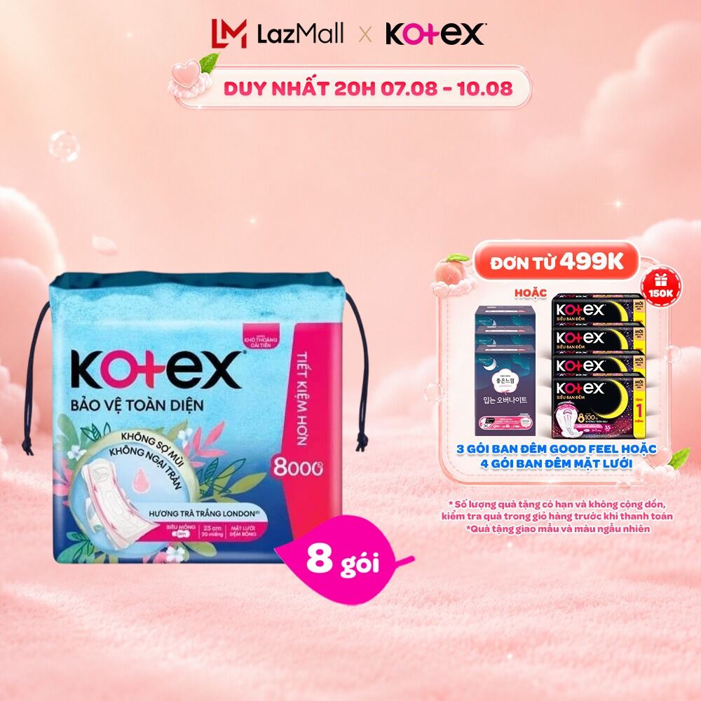 Lốc 8 Gói băng vệ sinh Kotex Bảo Vệ Toàn Diện 23cm Siêu Mỏng Cánh 20 miếng/ gói