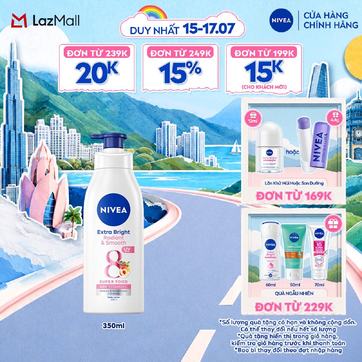 Sữa Dưỡng Thể NIVEA Extra Bright Dưỡng Sáng Mịn Da/Chống Nắng Ban Ngày/Sáng Da Ban Đêm (350ml) - 88311/98413/98412