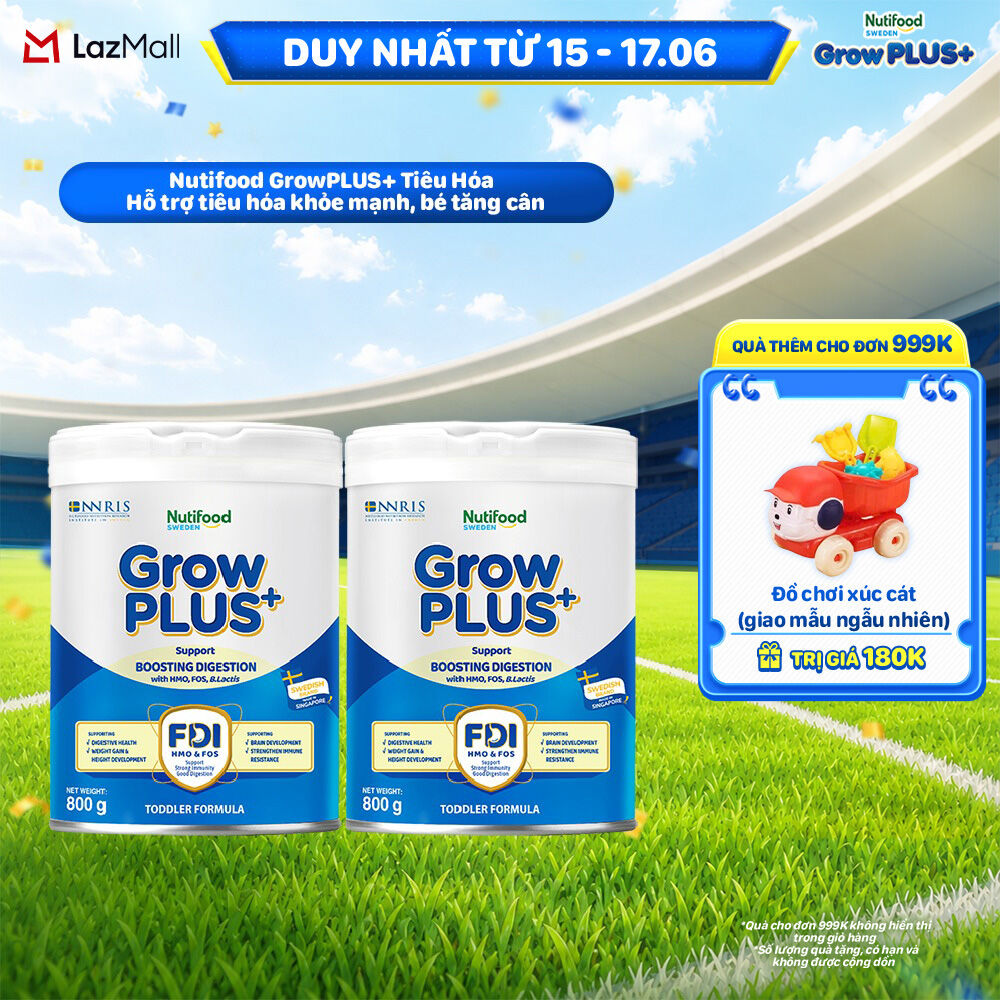 Combo 2 Sữa bột Nutifood Sweden GrowPLUS+ Tiêu Hóa (Xanh Nhạt)  - Hỗ trợ tiêu hóa khỏe mạnh, bé tăng cân (Lon 800g)