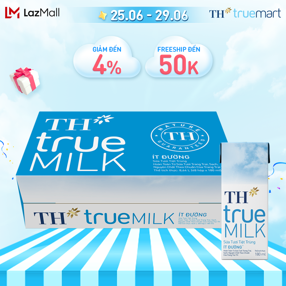 Thùng 48 hộp sữa tươi tiệt trùng ít đường TH True Milk 180ml (180ml x 48)