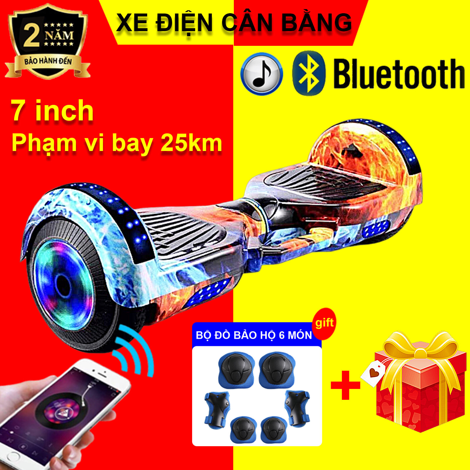 BH 2 năm - Xe cân bằng 2 bánh có kết nối bluetooth nghe nhạc, xe điện cân bằng 7 inch phù hợp mọi lứa tuổi tặng kèm bộ đồ bảo hộ 6 món