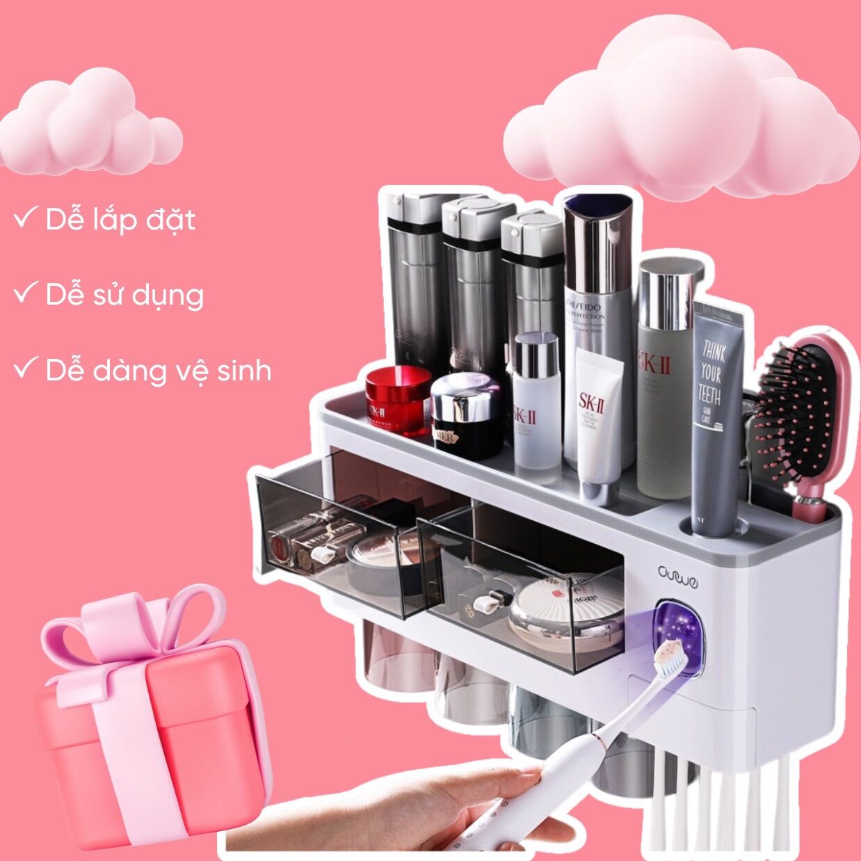 Kệ Nhà Tắm Thông Minh  tặng kèm Cốc trong suốt cao cấp Có Nhả Kem Đánh Răng Tự Động cao cấp