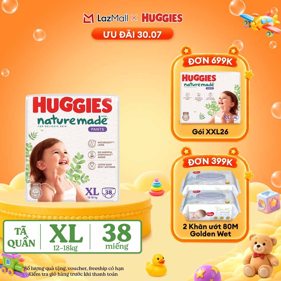 [30.7 QUÀ TẶNG ĐƠN 399K] Tã/Bỉm quần HUGGIES PLATINUM NatureMade XL38 (12-18kg)-Gói Jumbo 38 miếng