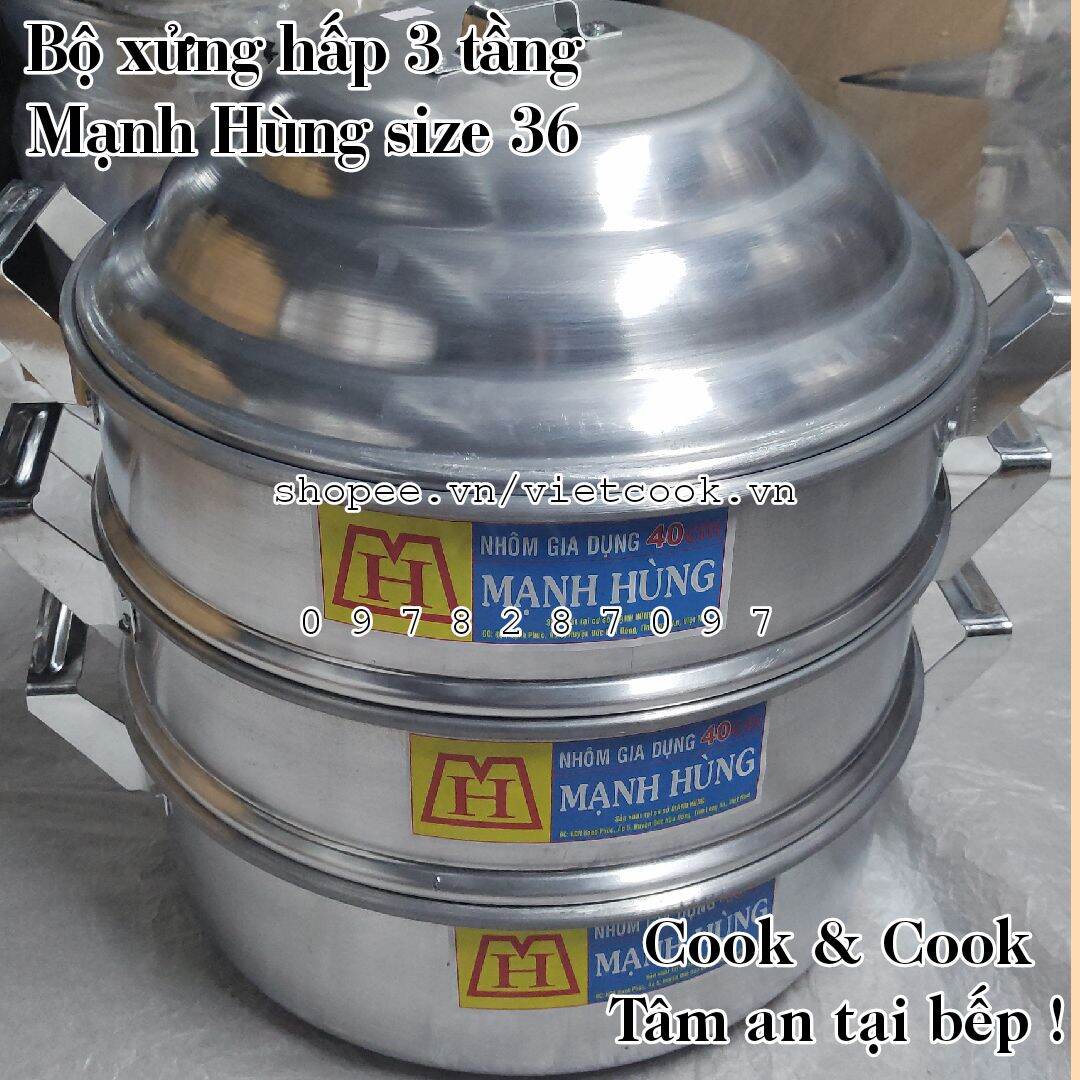 Bộ xửng hấp 3 tầng size 36 nhôm Mạnh Hùng chuyên hấp bánh bao/hải sản/thực phẩm