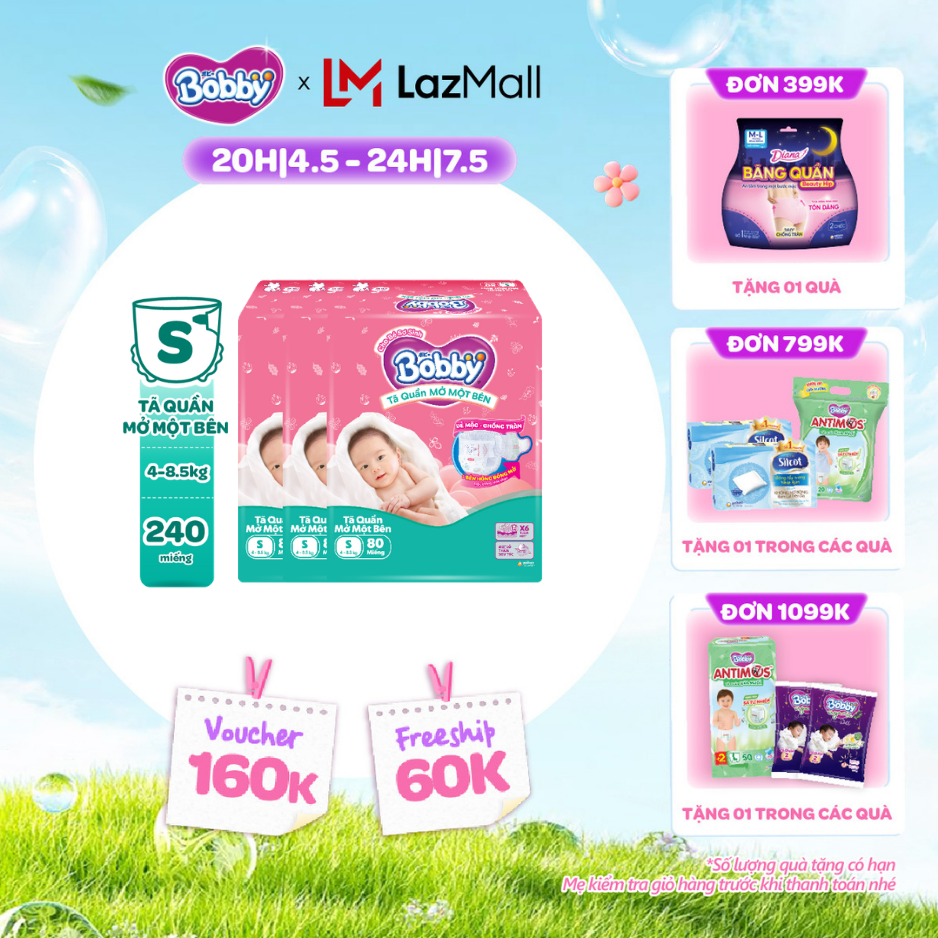 [CHỈ 20h 04-07.05 QT Đơn 899K/1199K][MỚI][TẶNG MIẾNG] Combo 3 gói tã quần mở một bên Bobby dành cho bé sơ sinh size S80