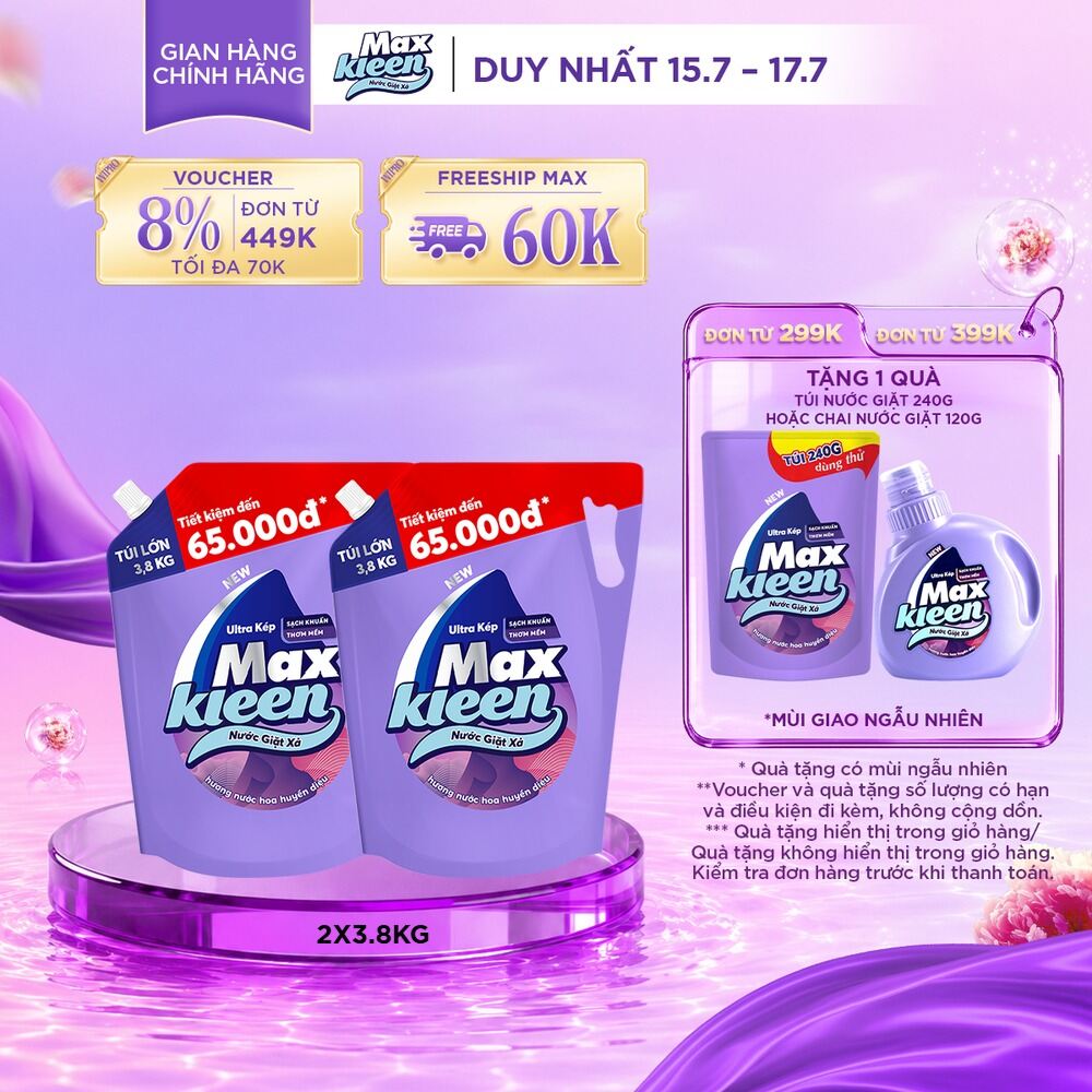 Combo 2 túi nước giặt xả cho máy giặt MaxKleen hương Hoa nắng/ Huyền diệu/ Vườn sớm mai 3.8kg