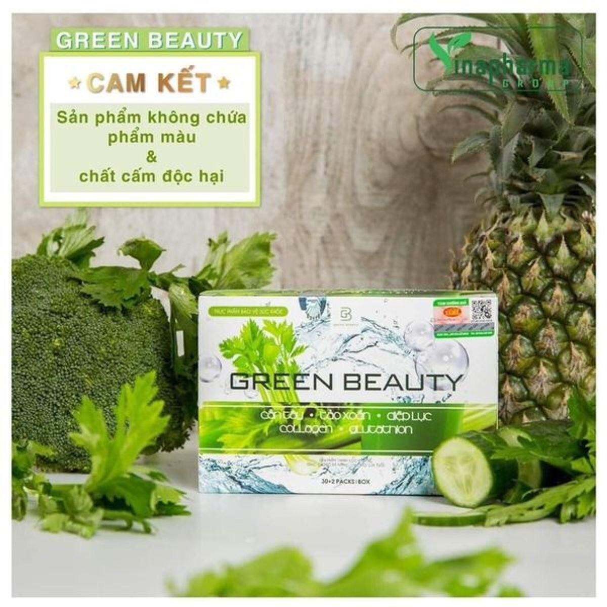 Nước Ép Cần Tây, Tảo Xoắn, Diệp Lục, Collagen, Glutathion Green Beauty Thành phần: Cần tây, tảo xoắn, diệp lục, collagen, glutathion Đóng gói: Hộp 30+2 gói Bảo quản: Nơi khô ráo, tránh nhiệt độ cao và ánh nắng trực tiếp