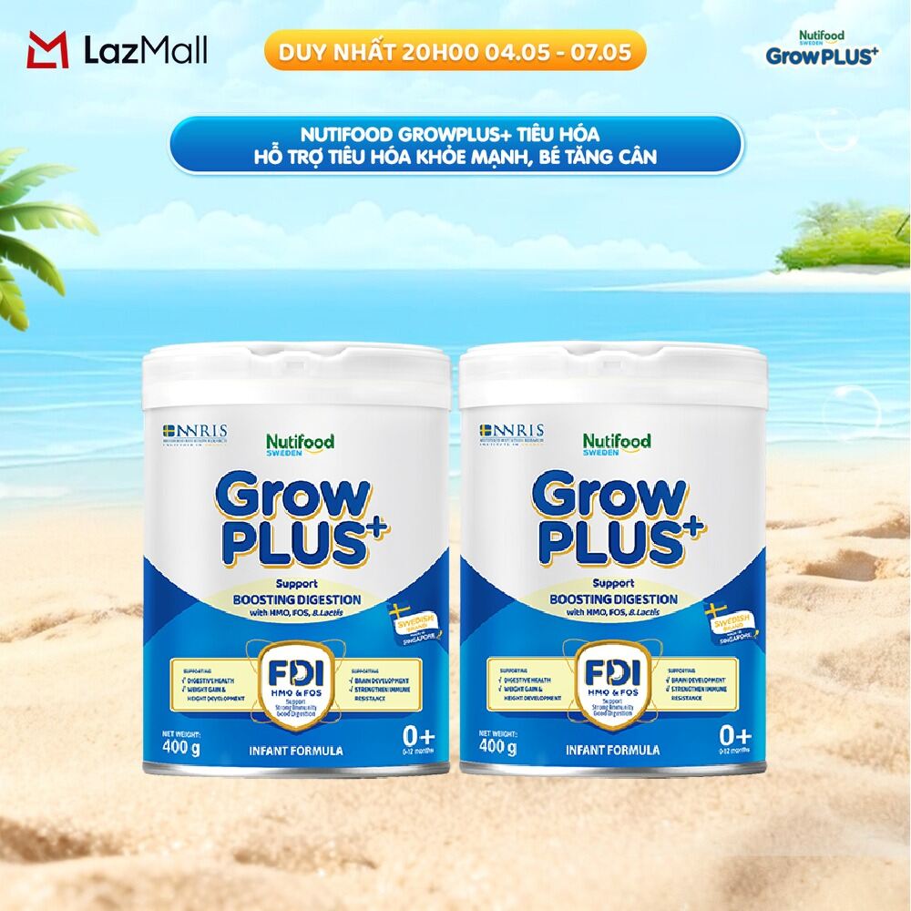 Combo 2 Sữa bột Nutifood Sweden GrowPLUS+ Tiêu Hóa (Xanh Nhạt) 0+ - Hỗ trợ tiêu hóa khỏe mạnh, bé tăng cân (Lon 400g)