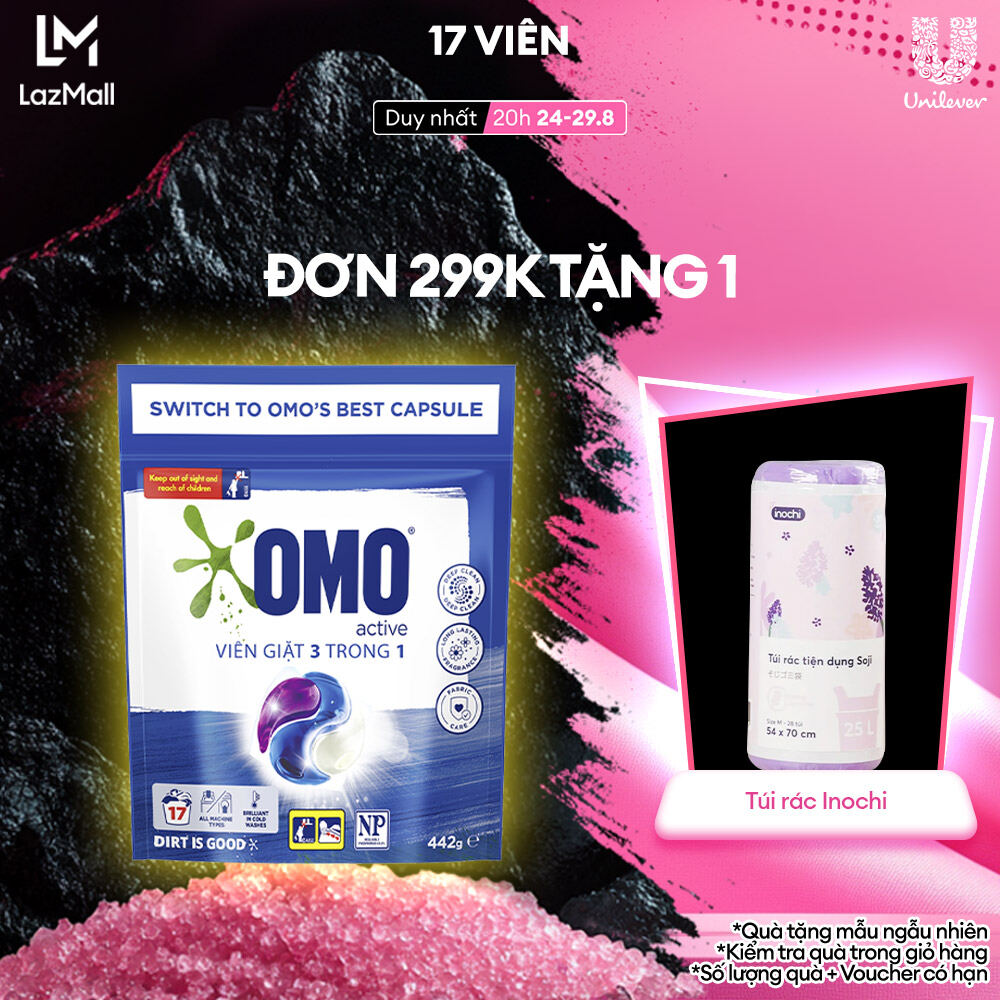 Túi viên giặt tiện lợi OMO Bền Màu với Công Nghệ Anh Quốc 3 trong 1, túi 17 viên