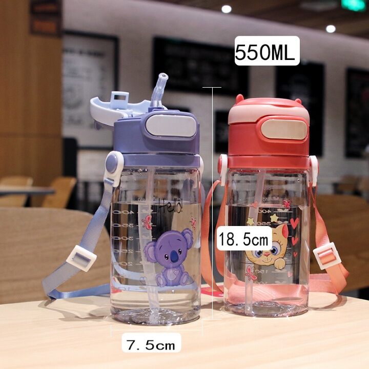 Bình tập uống nước cho bé 550ml, bình nước cho bé đi học, bình nước nhựa ống hút kèm dây