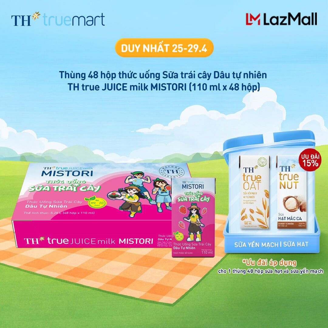 Thùng 48 hộp thức uống Sữa trái cây TH true JUICE milk MISTORI Dâu tự nhiên 110 ml x 48 hộp