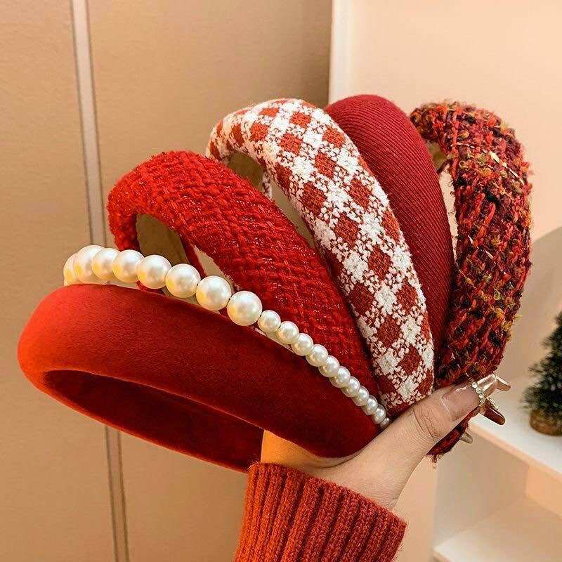 Ngẫu nhiên 1 cái bờm tóc,băng đô vải nhung len màu đỏ phong cách cho nữ