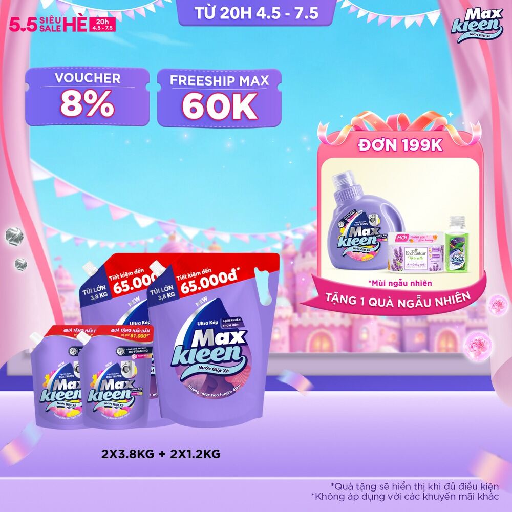 [Tặng kèm 2 túi nước giặt xả 1kg2 ngẫu nhiên] Combo 2 túi Nước giặt xả cho máy giặt MaxKleen hương Hoa nắng/ Huyền Diệu/ Vườn sớm mai 3.8kg
