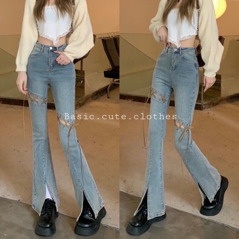 Quần Jeans ống loe xẻ gấu đan dây đùi cách điệu phong cách cá tính có ảnh thật ở cuối